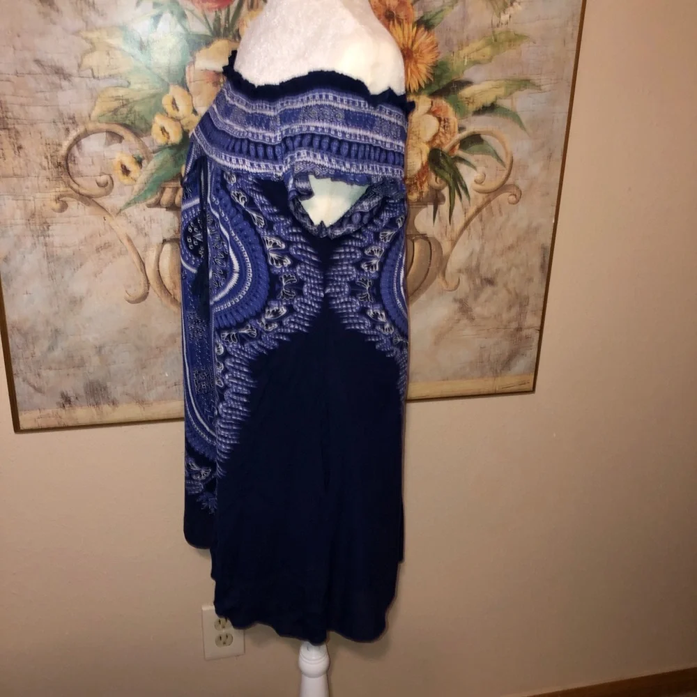 Sz M Band of Gypsies Coverup Smock Dress Off the Shoulder Blue Multiprint 861490